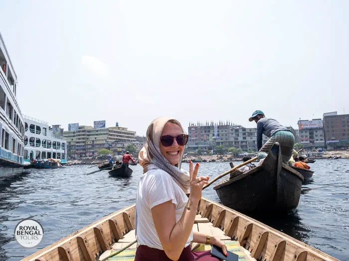 Buriganga River boat ride in Old Dhaka, Popular tourist activity offering scenic views.