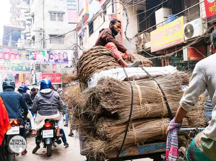 Rickshaw on a street in Old Dhaka, Bangladesh. Traditional mode of transportation with colorful decorations