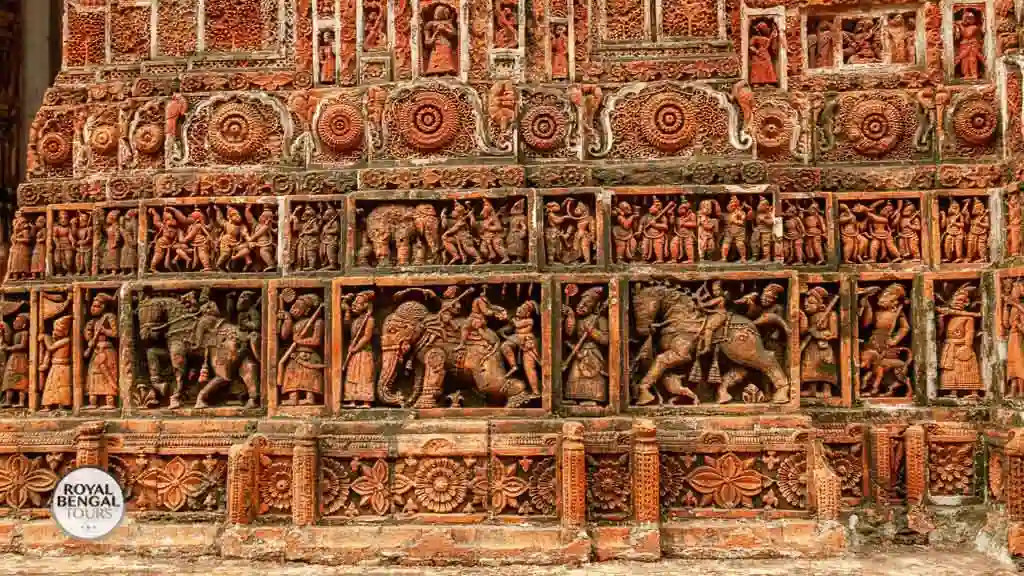Terracotta panels depicting mythical creatures on the walls of Kantaji Temple