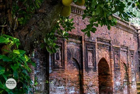 fascinating decoration on the curved brick pillars inside of goaldi mosque
